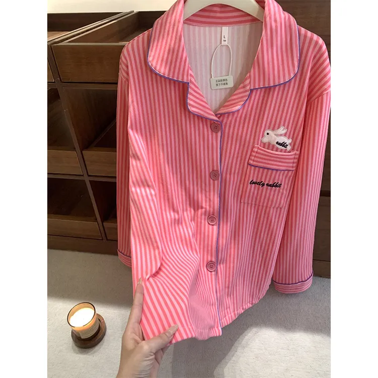 [热销爆款]少女甜美粉色条纹德绒睡衣女秋冬季保暖长袖长裤家居服