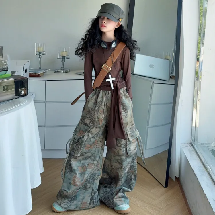 女童春秋印花阔腿裤2025新款儿童长袖不规则上衣中大童工装风裤子