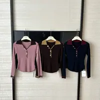 【赵小小&色彩碰撞】6518 撞色V翻领针织衫显瘦弹性POLO衫T恤上衣女