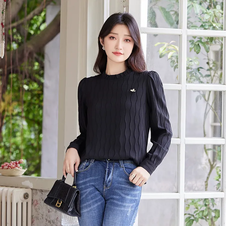 奢姿2025年春季新款大码女装胖mm荷叶半高领减龄时尚雪纺衫