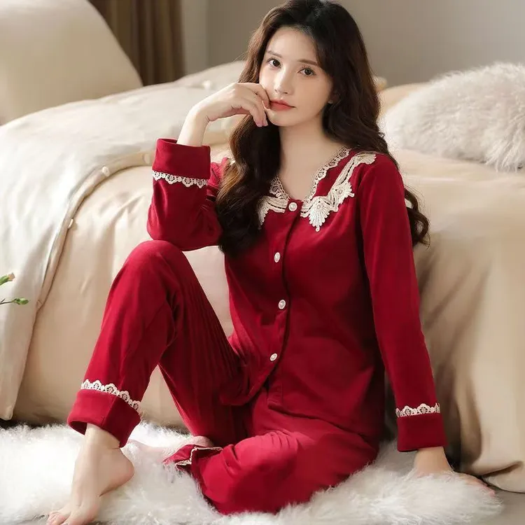 开衫绣花领新年结婚家居服套装秋季睡衣加厚厚款蕾丝红色冬季女士