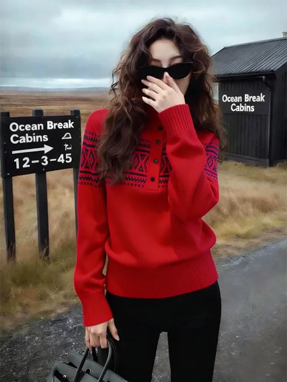 本命年圣诞跨年红色高领针织衫女2025秋冬季新款宽松显瘦毛衣上衣