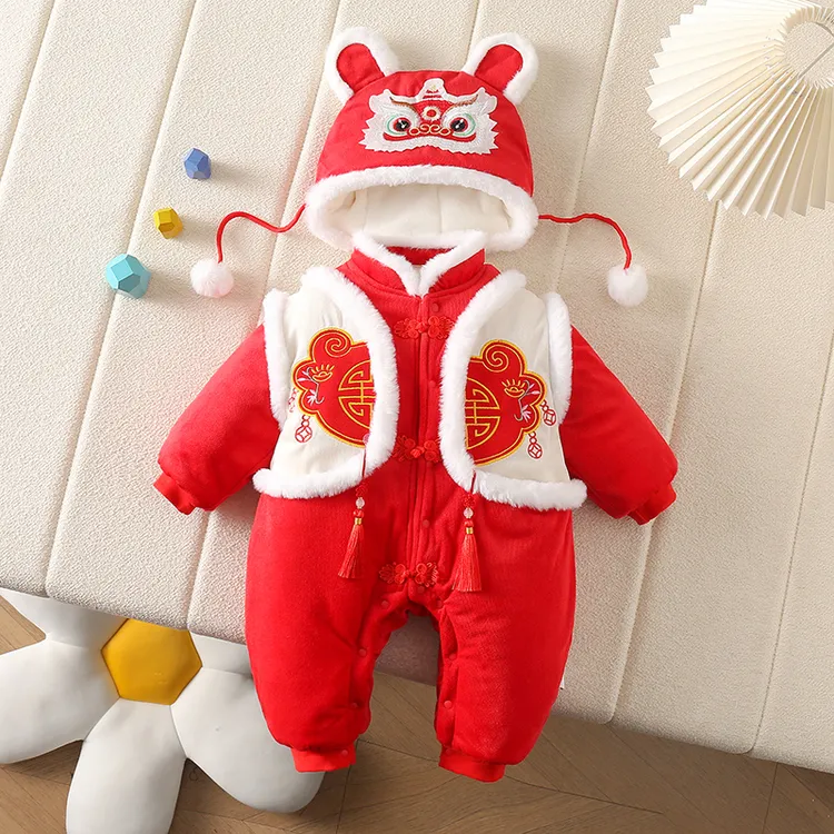 婴幼儿男女宝宝冬装连体衣加厚喜庆过年立领卡通哈衣拜年服舒适潮