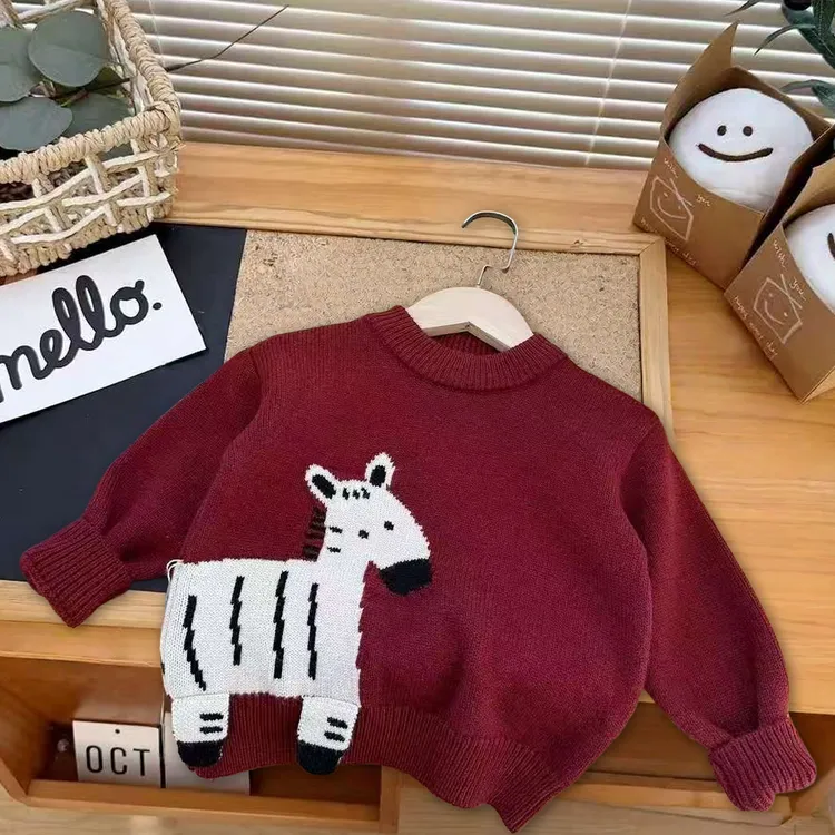 儿童毛衣韩版秋冬新款新年红加厚保暖套头卡通针织打底潮童小马