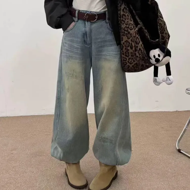 青青家 加绒阔腿弯刀牛仔裤（长度102）