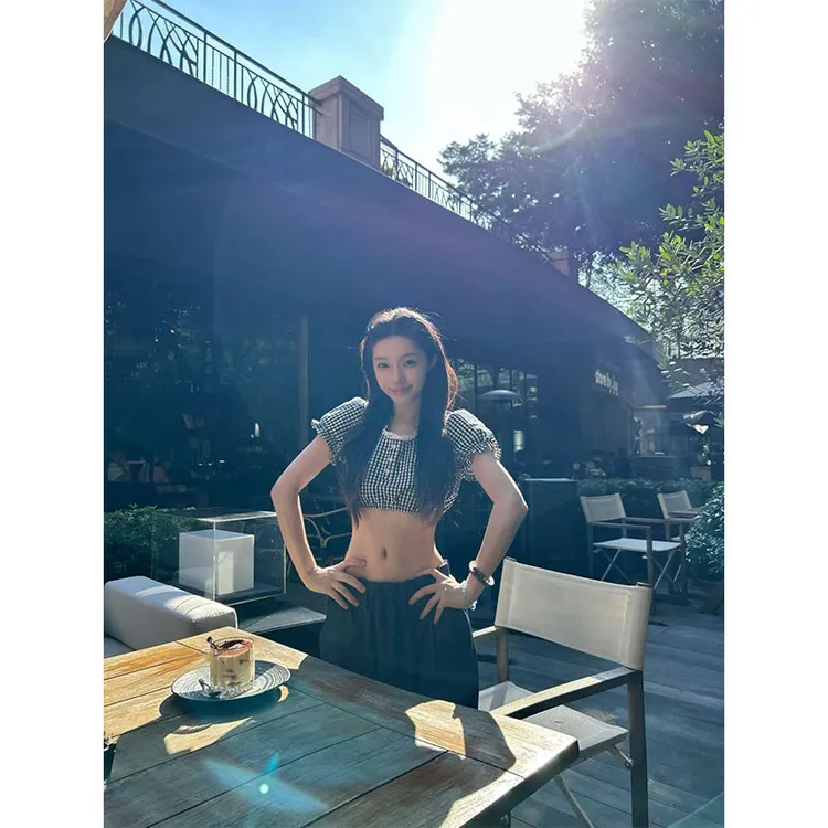 辣妹格纹拼接泡泡袖短袖衬衫女2025夏季新款宽松休闲阔腿裤两件套