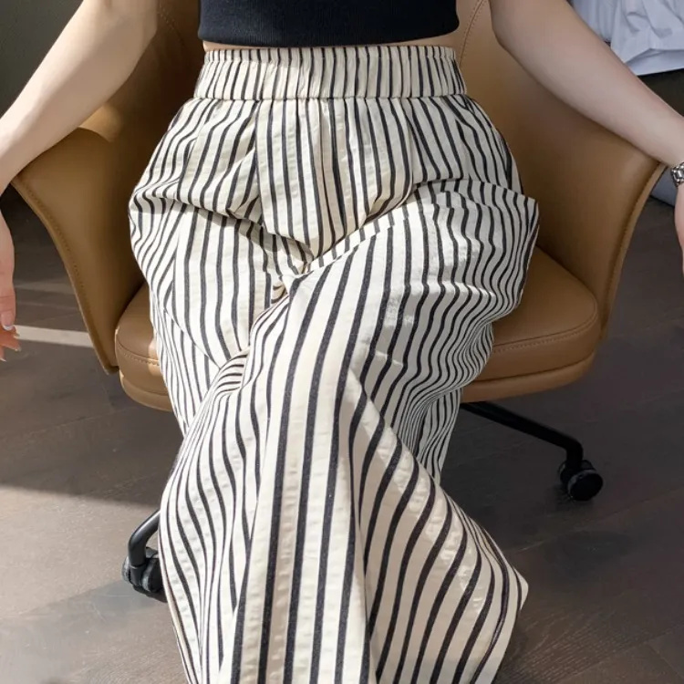 条纹棉麻阔腿裤女2025春夏新款高腰宽松垂感薄款直筒加长拖地长裤