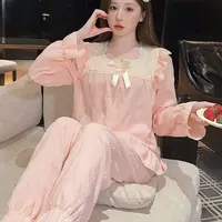 新款睡衣女春秋纯色花边蝴蝶结甜美公主风薄款长袖家居服套装5058