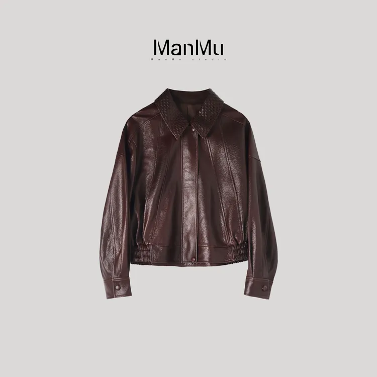 满目ManMu 【张琪专属】高级定制时尚百搭深咖羊皮皮衣350564