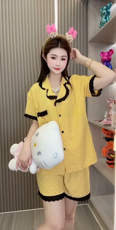 甜美蕾丝波点短袖睡衣套装女夏季薄款可外穿舒适家居服
