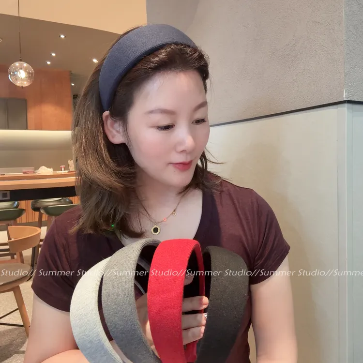 宽边少女风坑条针织面料灰色藏青色海绵宽发箍韩国时尚头箍