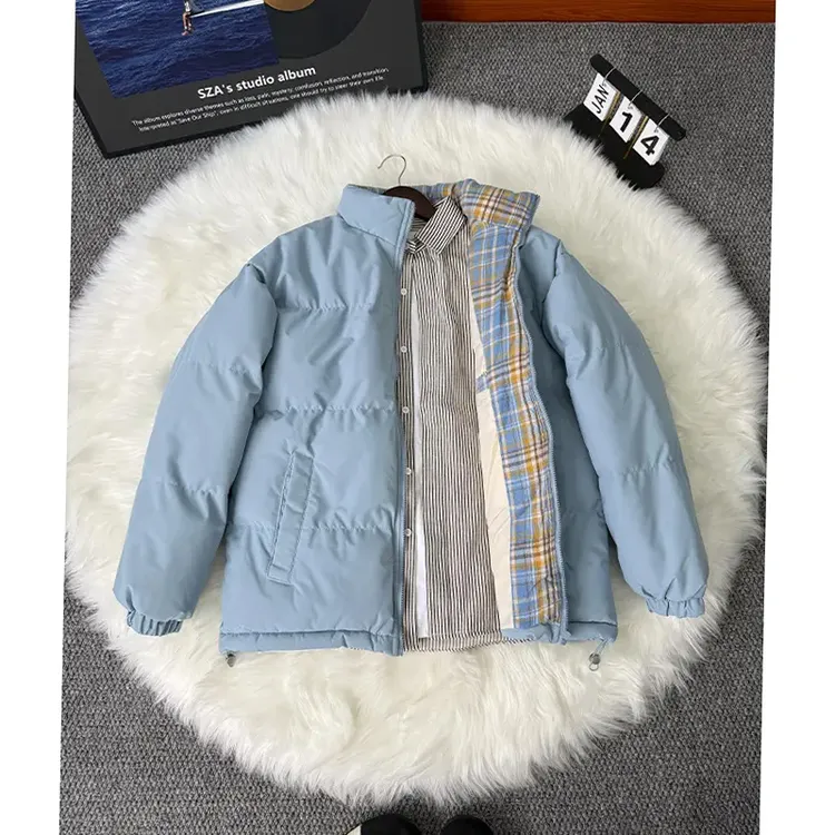 蓝色格子拼接短款棉服男冬季立领面包服cleanfit潮牌情侣棉衣外套