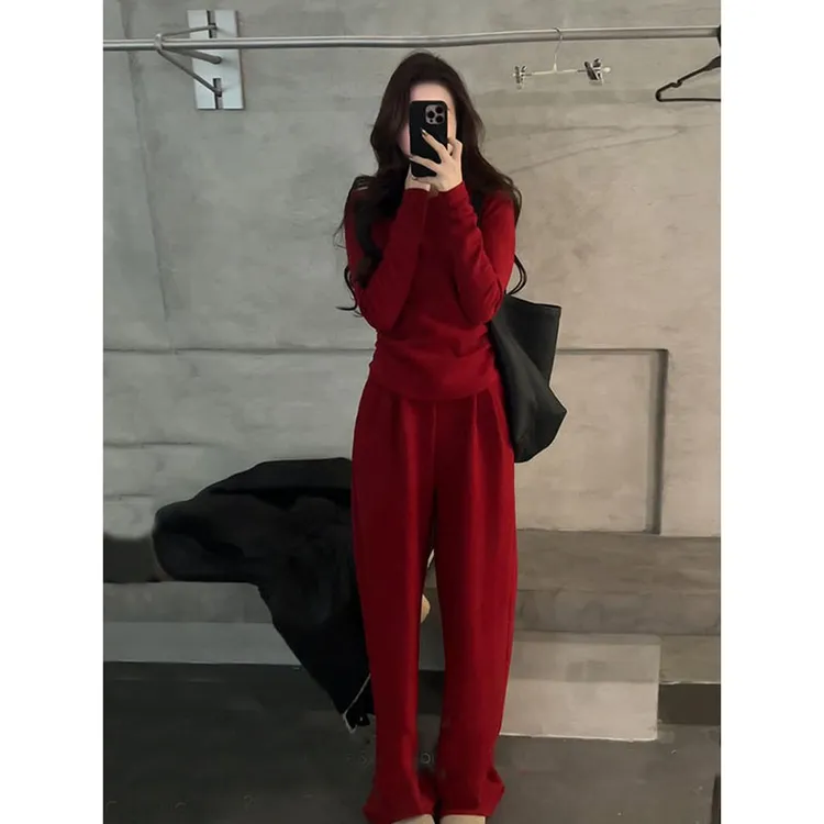 冬季新款安格拉红休闲运动套装女洋气高级感长袖T恤阔腿裤两件套