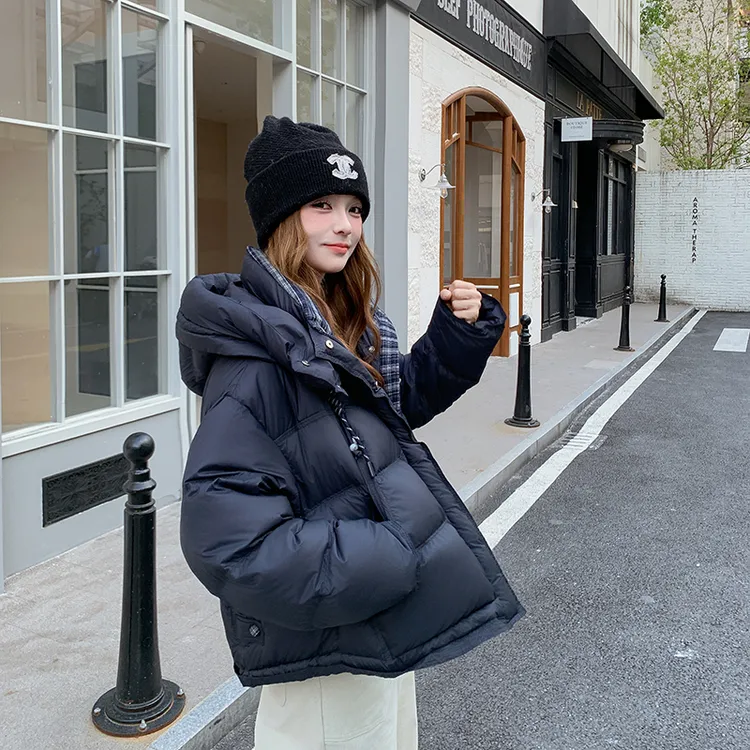 格子拼接藏青色小个子连帽羽绒服女2025冬季新品时尚面包服厚外套