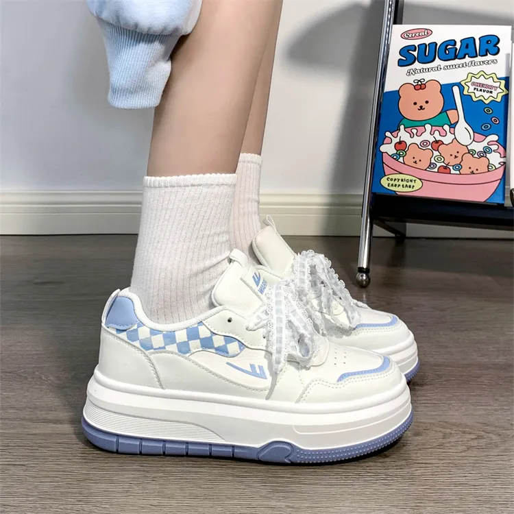回力花边格子小白鞋女小众简约原创设计厚底大头鞋女休闲爆款板鞋