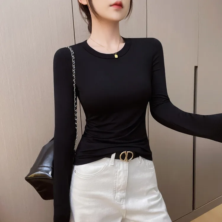 通勤风黑色小圆领长袖打底t恤春秋季户外薄款修身显瘦女内搭上衣