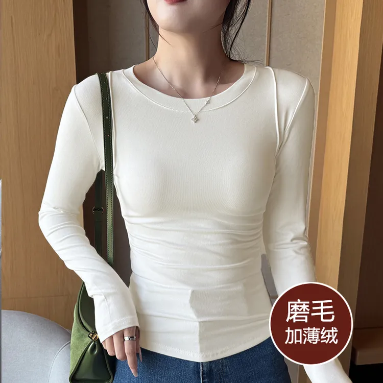 磨毛加绒加绒打底衫女长袖内搭修身百搭圆领秋冬新款显瘦洋气上衣