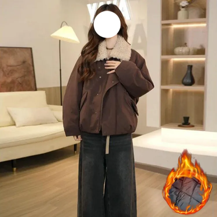 秋冬美拉德穿搭羊羔毛翻领设计加棉外套2025新款女装保暖派克服潮