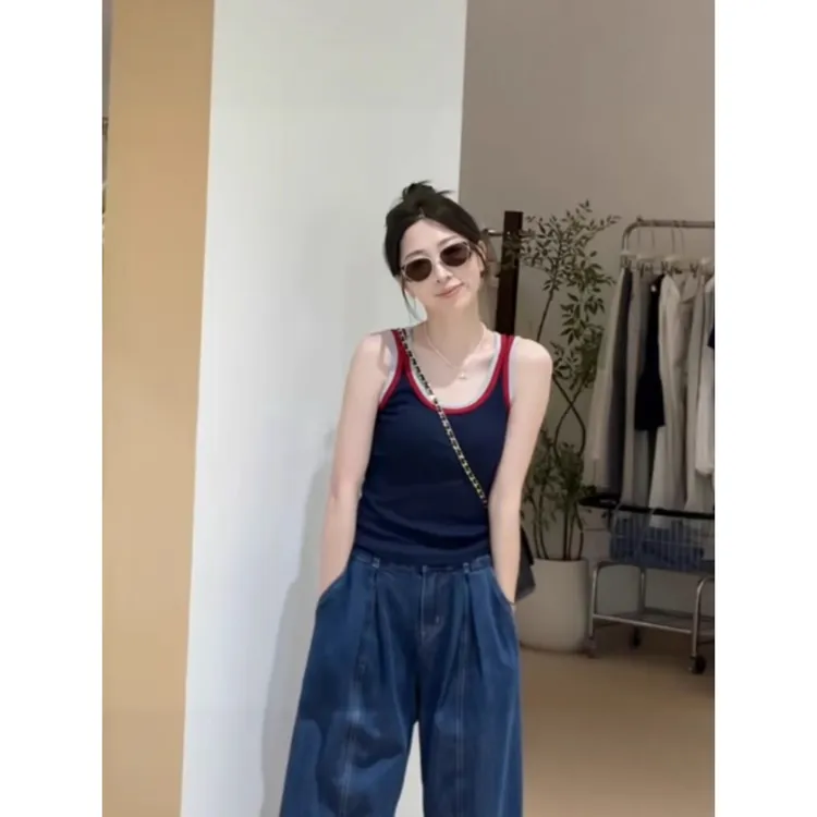 2025秋季新款时尚百搭宽松显瘦洋气拼色无袖背心女潮上衣针织减龄