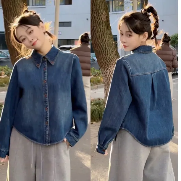 韩系流行高级感加厚加绒牛仔衬衫女装2025秋冬时尚洋气叠穿上衣