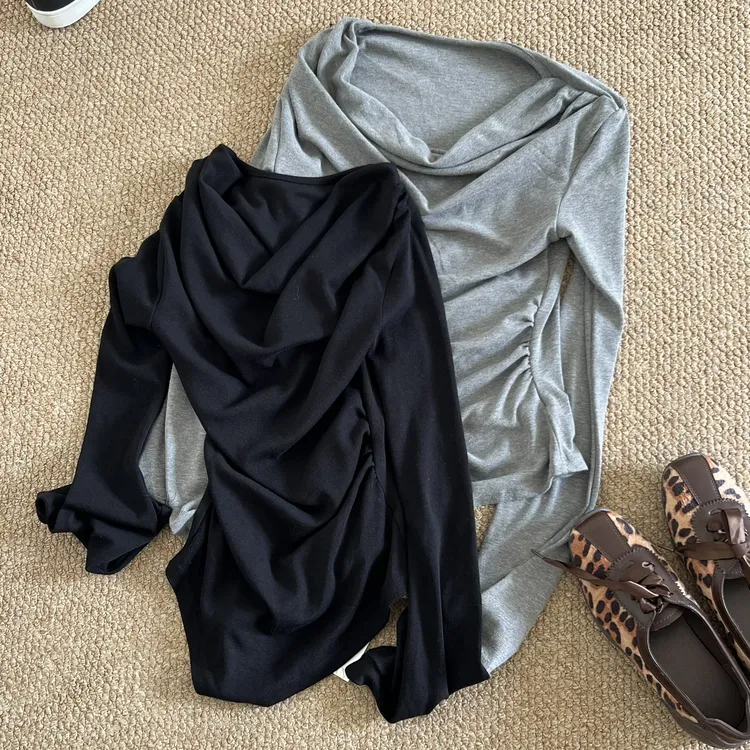 LA17褶皱不规则荡领修身显瘦垂感长袖内搭打底衫秋季新款上衣7764