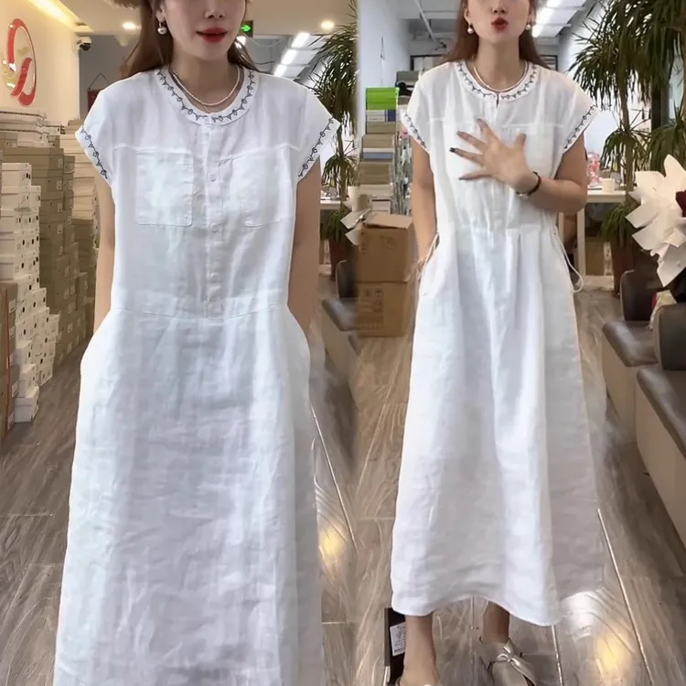 圆领拼接显瘦气质中长裙2025夏季新款法式时尚休闲减龄飞飞袖裙子