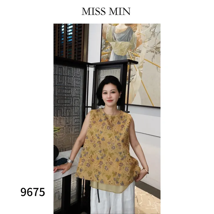 MISS MIN 【金缕】国风圆领刺绣碎花财阀千金女装无袖衬衫上衣 9675