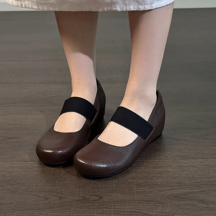 4cm/2640羊皮法式纯色圆头一字带浅口内增高女单鞋秋季平底舒适