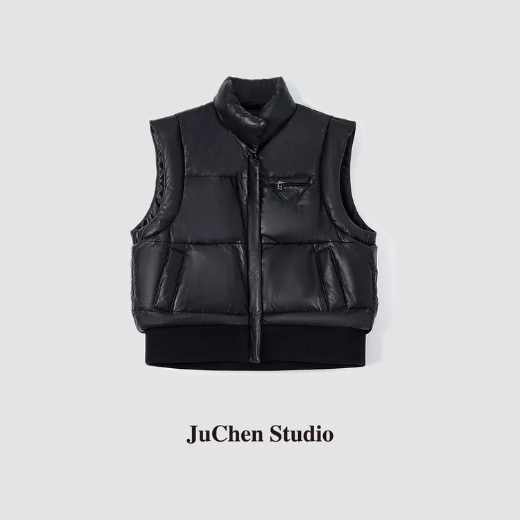 "三角标"绵羊皮 面包感立领宽松 90白鸭绒保暖真皮马甲DW2309012