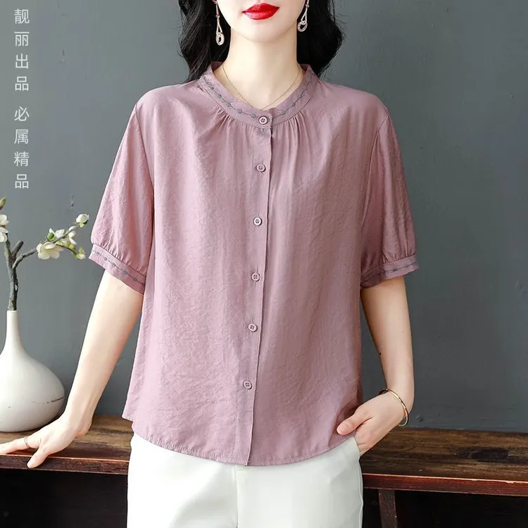 2025夏季中年妈妈新款棉麻亚麻短袖衬衫遮肚舒适透气刺绣小衫女