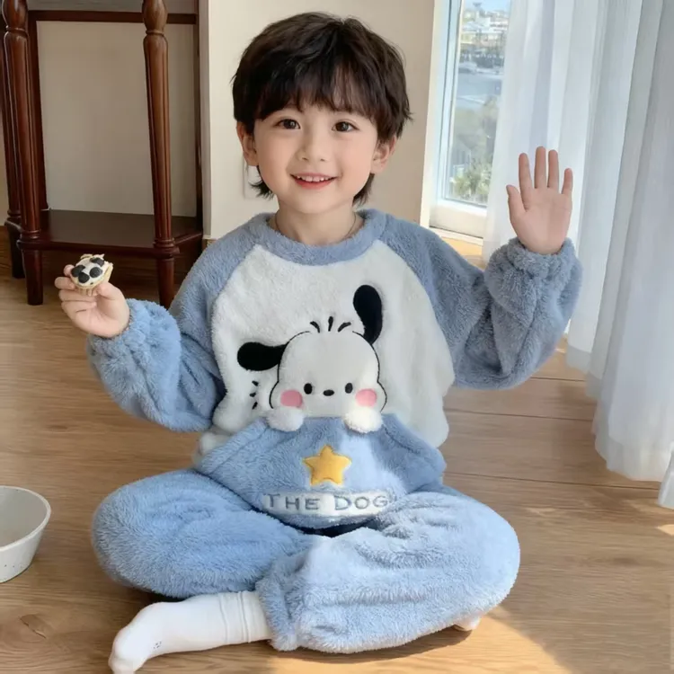 男女童冬季加厚睡衣2025新款卡通风帕恰狗加绒保暖珊瑚绒家居服