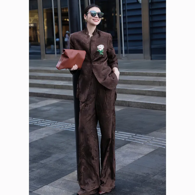 ZEROYK中国风休闲时尚套装女秋季新款复古提花钉珠西服长裤两件套