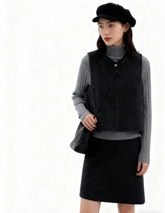 休闲风INS风时尚套装秋季黑色显瘦开衫无袖气质女装针织百搭女士