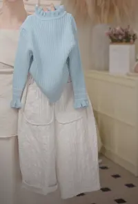 2025秋季新款韩版女童蓝色荷叶边针织衫薄绒小神裤套装25926C