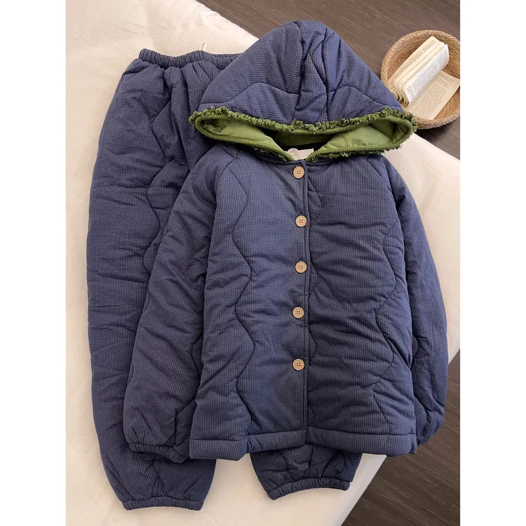 韩版棉袄三层夹棉睡衣女冬季新款加厚开衫连帽棉服保暖家居服套装