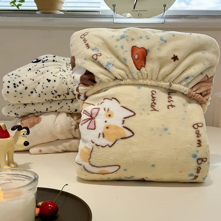 A类牛奶绒床笠床单可爱小猫新款冬季加绒珊瑚绒单人床垫保护套罩1