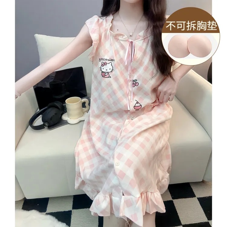 小飞袖睡裙女夏季天可爱风云朵棉KT猫2025新款带胸垫睡衣家居服