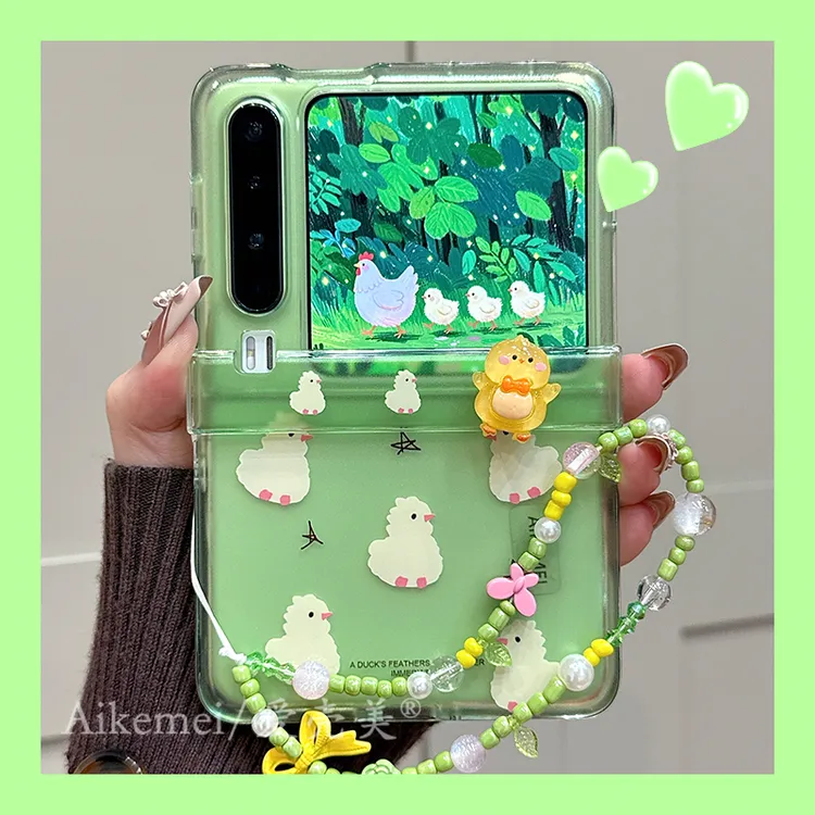 适用华为purax典藏版折叠屏手机壳pocket2小清新透绿立体小鸡链条
