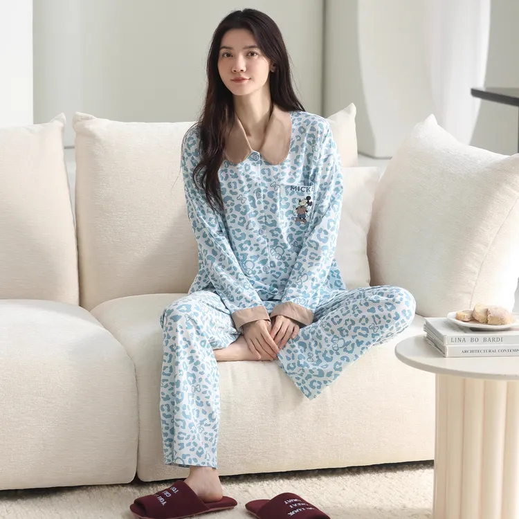 【亲肤棉】迪士尼米奇豹纹睡衣女春秋款莫代尔棉长袖可外穿家居服