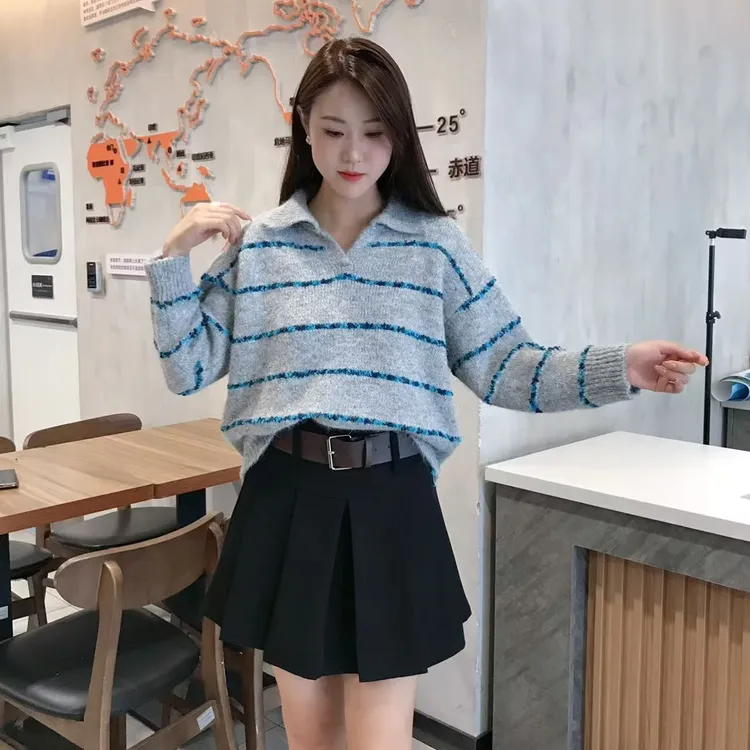 韩系针织秋冬季翻领毛针织衫女装套头上衣宽松
