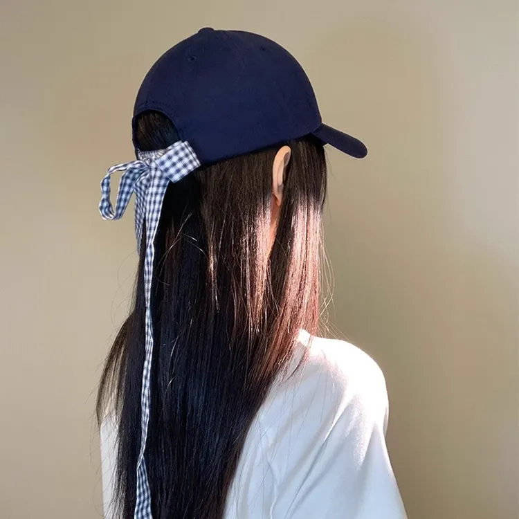 蝴蝶结绑带复古鸭舌帽女韩系大脸显脸小藏青色帽子小众时髦棒球帽