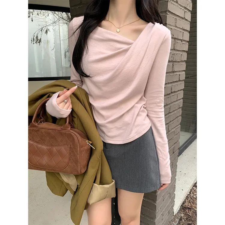 洋气不规则长袖t恤打底衫女2025秋季修身显瘦内搭辣妹性感小上衣