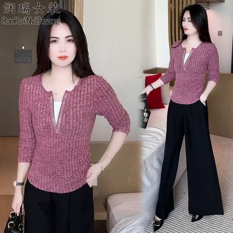 轻熟风时尚套装女2025秋季新款修身显瘦假两件长袖阔腿裤两件套潮