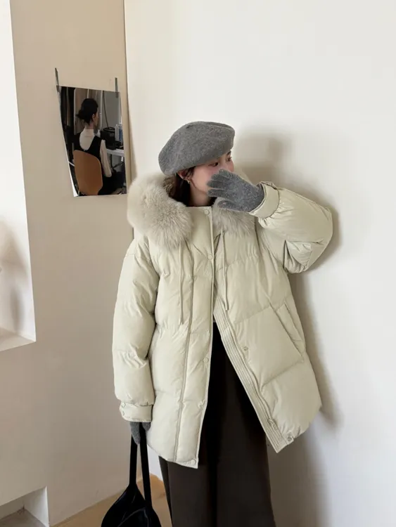 Y6611原创新品韩系加厚中长款羽绒服百搭 定制加大狐狸毛领新国标