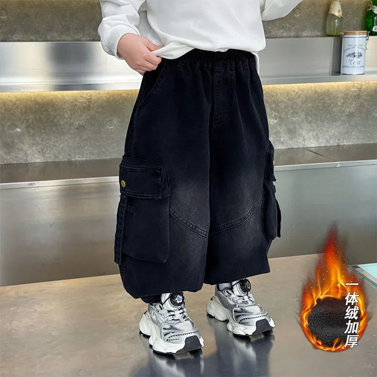 男童秋冬装加绒牛仔裤2025新款宝宝灯笼裤儿童工装一体绒黑色长裤