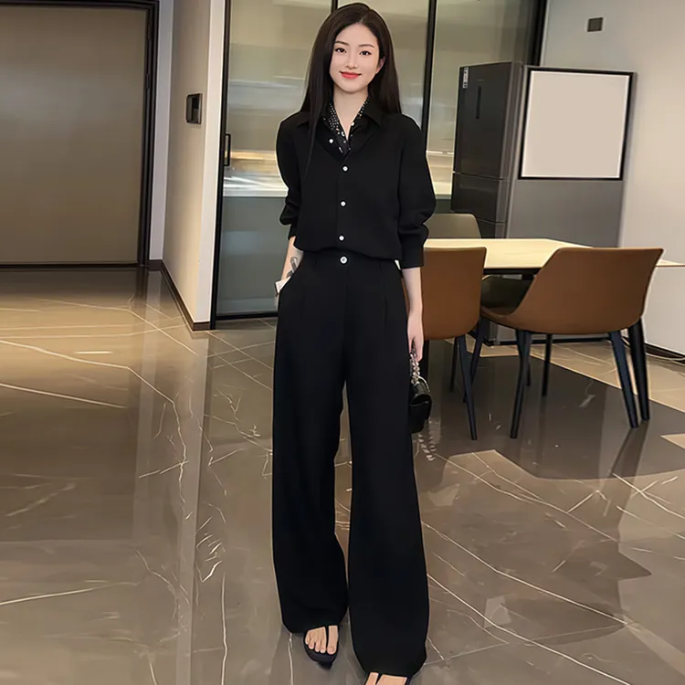 老钱风时尚休闲套装女2025新款洋气上衣长袖衬衫宽松阔腿裤两件套