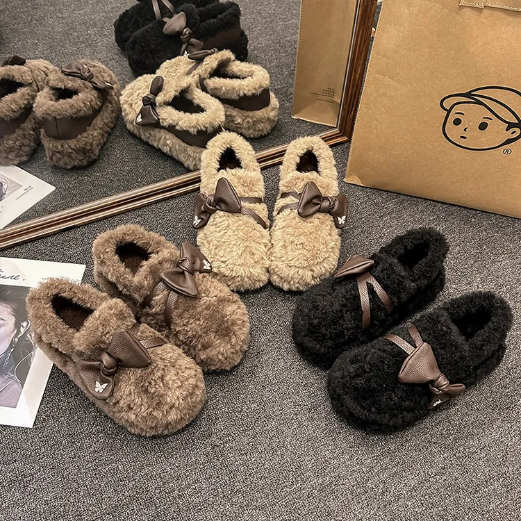 7CM厚底水钻蝴蝶结设计时尚百搭加绒加厚防滑矮子乐外穿女毛毛鞋