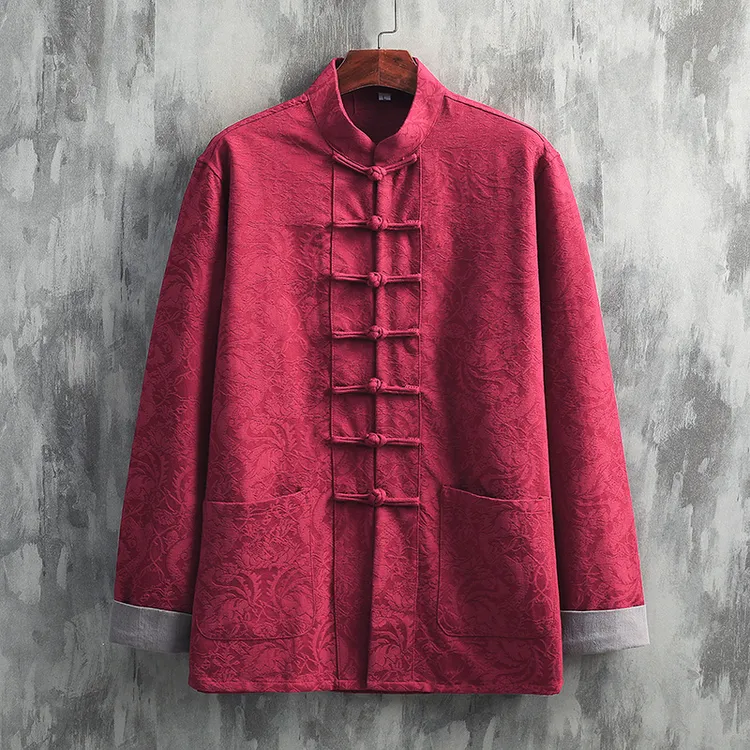 复古文艺 中国风男装提花棉麻红色唐装外套 新中式穿搭 盘扣上衣
