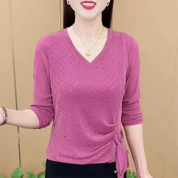 【工厂直销】纯色长袖系带女士亮丝显瘦T恤春季中袖洋气秋季大码气质洋气春秋