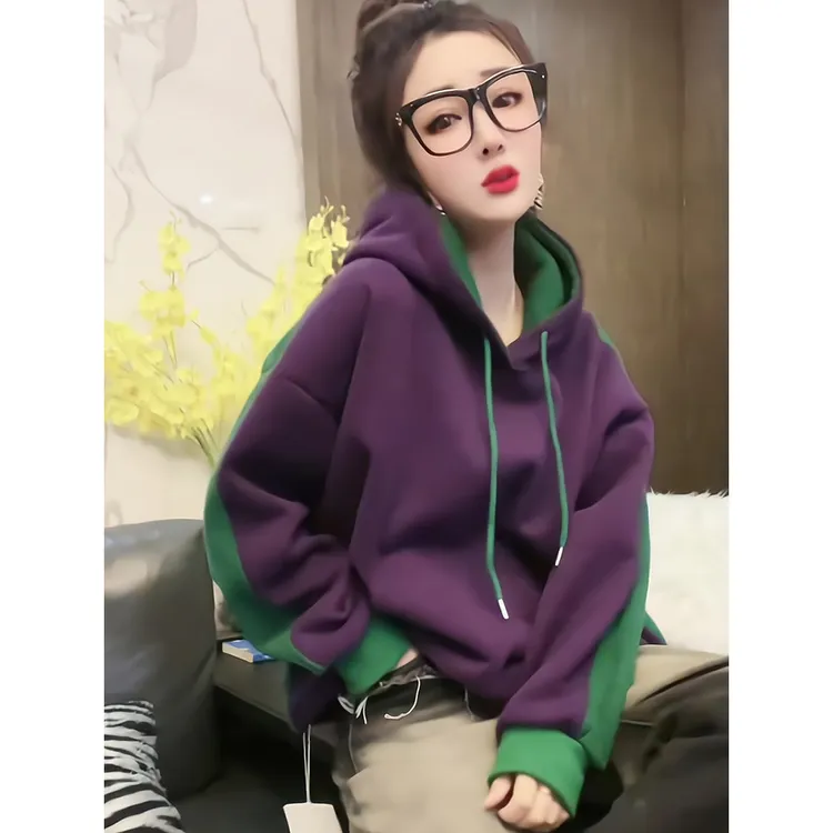紫色连帽撞色加绒卫衣女时尚宽松装秋冬季高级感长袖休闲上衣